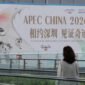 Seorang wanita berjalan melewati poster APEC CHINA 2026 dalam Pameran Industri Budaya Internasional (Shenzhen) China ke-22 di Shenzhen, Provinsi Guangdong, China selatan, pada 22 Mei 2026. (Xin)
