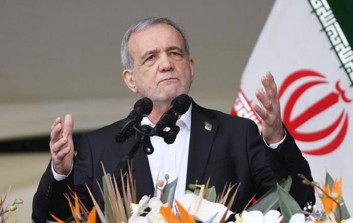  Presiden Iran Masoud Pezeshkian sedang menyampaikan pidato di Teheran, Iran [xin]