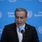 Menteri Luar Negeri Iran Seyed Abbas Araghchi berbicara dalam sebuah konferensi pers di markas besar PBB di New York pada 25 September 2026. (Xinhua)