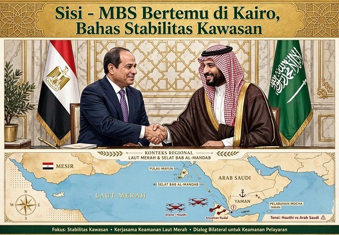 Presiden Mesir Abdel-Fattah al-Sisi pada Selasa (15/9) bertemu dengan Putra Mahkota sekaligus Perdana Menteri Arab Saudi Mohammed bin Salman bin Abdulaziz Al Saud di Kairo [Xinhua]