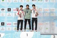 Antasyafi Robby Al Hilmi naik ke podium setelah meraih gelar juara untuk nomor speed putra pada 11 September 2026. (Xinhua)