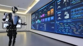 Sebuah robot pemandu humanoid memperkenalkan pusat pelatihan robot humanoid kepada para tamu di Kota Cixi, Provinsi Zhejiang, Tiongkok timur, pada 3 September 2026. [Xinhua]
